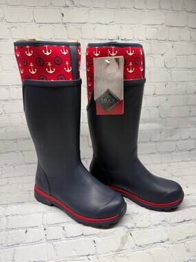 NWT Muck Boot Cambridge Tall Rain Boots in Navy Nautical Anchor Print Women's 5